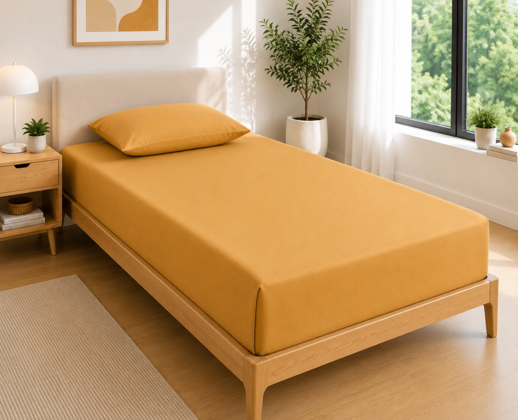 Drap Housse 90x190 cm 1 Place 100% Coton 57 Fils/cm² Bonnet 30 cm Miel