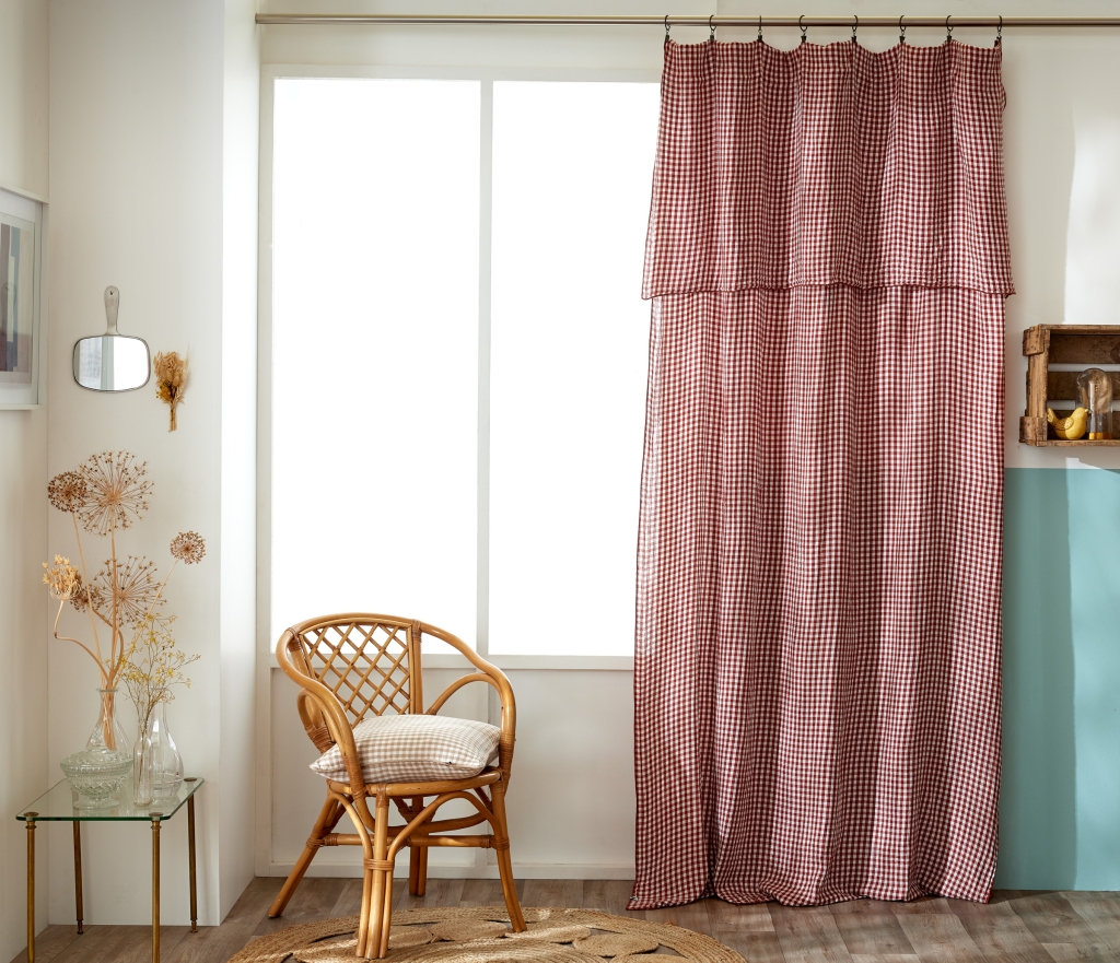 Rideau Ajustable 140 x 300 cm Double Gaze de Coton Vichy VICKIE – Terracotta
