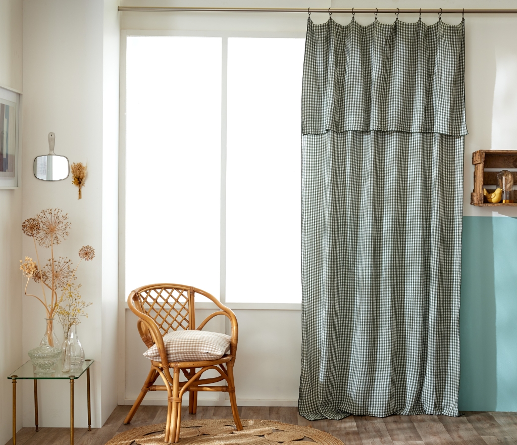 Rideau Ajustable 140 x 300 cm Double Gaze de Coton Vichy VICKIE – Romarin