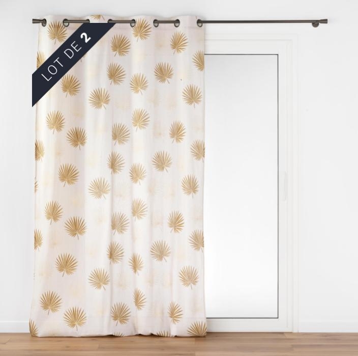 LOT DE 2 rideaux à œillets 140 x 240 cm polycoton imprimé métallisé lotus ocre