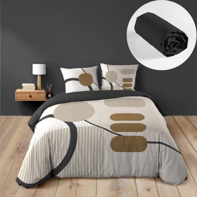 Pack Parure de couette 240 x 220 cm – Coton 42 fils – SANTANA + Drap Housse 140x190 cm Noir