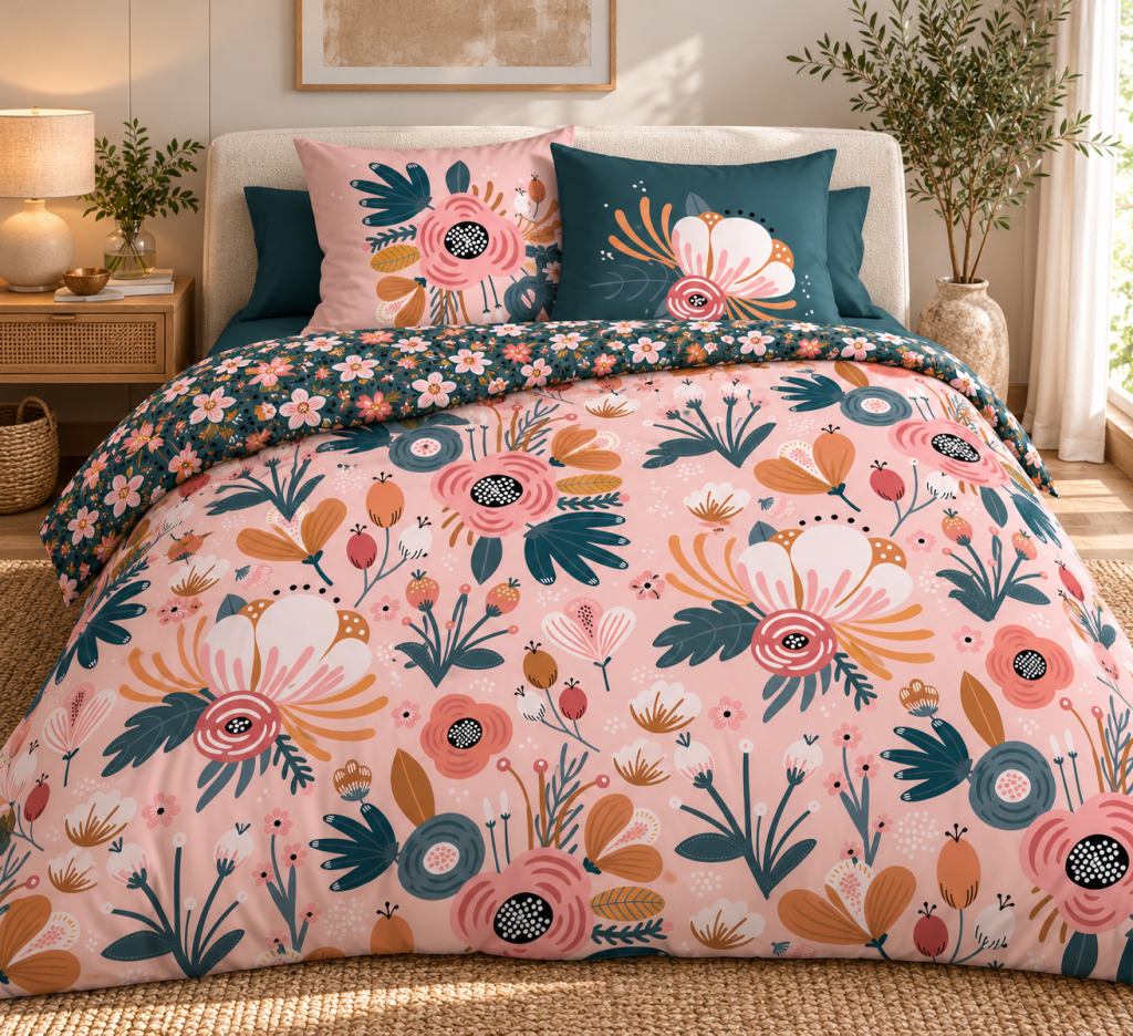 Parure de lit CHAMPETRE 260 x 240 cm + 2 taies - 100% coton imprimé réversible 57 fils