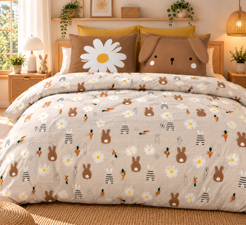 Parure de lit réversible POMPON 240 x 220 cm + 2 taies – 100% coton – 57 fils