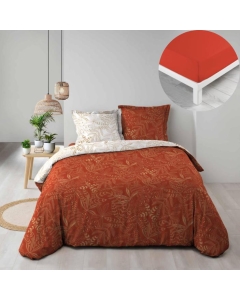 Pack parure de couette 240 x 220 cm Belflore brique + drap housse 140 x 190 x 30 Paprika