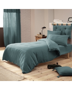 Pack Parure de couette 140x200 cm + Drap housse 90x190 + 1 taie Gaze de coton Bio Bleu canard