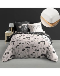 Ensemble Housse de Couette Iris 240 x 220 cm + 2 Taies en Percale de Coton 78 Fils avec Drap Housse Blanc 140