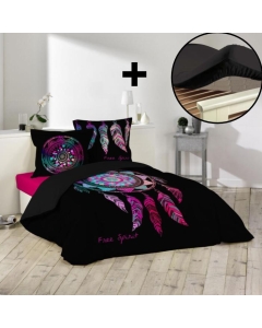 Pack parure de couette 260x240 cm Porte bonheur + drap housse 160x200 Noir