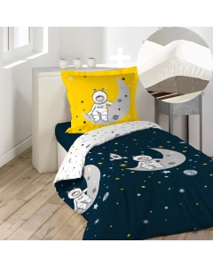 Pack parure de couette enfant 140x200 cm Astronaute + drap housse 90x190 Blanc