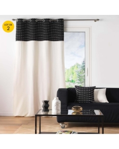 Lot de 2  Rideaux tamisant 140 x 240 cm coton recyclé + fils coupés Linechic Noir