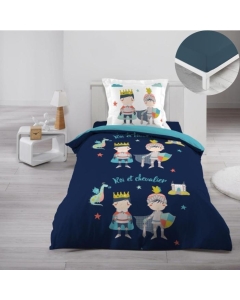Pack parure de couette enfant Clovis 140 x 200 cm + drap housse 90 x 190 x 30 Bleu