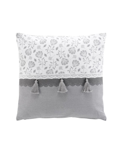 Coussin dehous. compr. pompon 50x50 cm coton/polyester imp.+dentelle Flavie