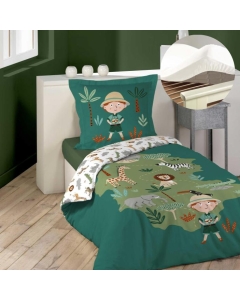 Pack parure de couette enfant 140x200 cm Leo + drap housse 90x190 Blanc