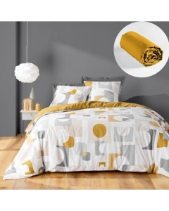Parure de Lit Geomelo 240 x 220 cm + Drap-Housse 140x190 cm Jaune