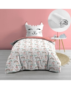 Pack housse de couette enfant 140 x 200 cm Chatchat + drap housse 90 x 190 Blanc