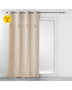 Lot de 2 rideaux tamisant en coton 140 x 240 cm + pompons Rafina Or