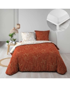 Pack parure de couette 240 x 220 cm Belflore brique + drap housse 140 x 190 x 30 Blanc