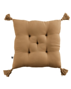 Coussin capitonné 5 points avec pompons gaze de coton 40 x 40 cm gaia camel Marron