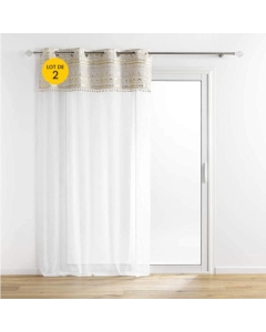 Lot de 2 Voilages a oeillets 140 x 240 cm voile sablé + pompon Sundore