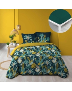 Pack parure de couette guinea vert 240 x 220 cm + drap housse 140 x 190 x 30 cm Pétrole