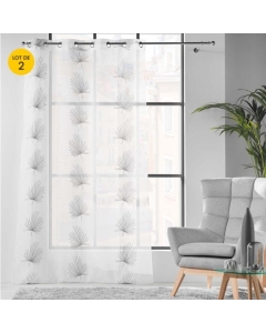 Lot de 2 Voilages a oeillets 140 x 240 cm voile sablé brodé Palmaris Gris