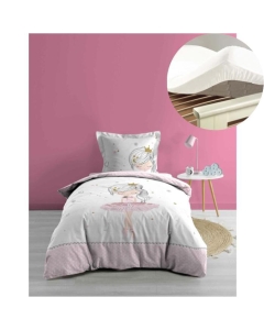 Pack parure de couette enfant 140x200 cm Pte étoile + drap housse 90x190 Blanc