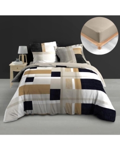 Pack Housse de Couette 240 x 220 cm en Percale +Drap Housse Beige140x190 Ulysse