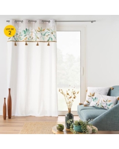 Lot de 2 Rideaux tamisant a œillets 140 x 240 cm poly coton + Pompons Dilaris