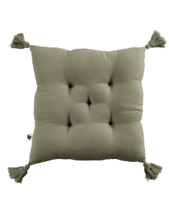Coussin capitonné 5 points avec pompons gaze de coton 40 x 40 cm gaia romarin Kaki