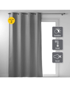 Lot de 2 Rideaux a oeillets 135 x 260 cm 100% occultant thermique uni occultissime Gris