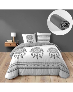 Pack housse de couette 240 x 220 cm "Indian Dream" + drap-housse 140 x 190 cm gris