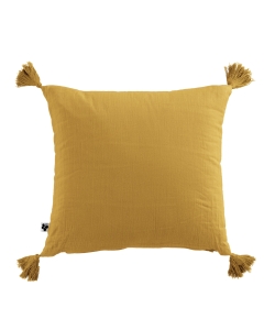 Coussin déhoussable avec pompons gaze de coton 40 x 40 cm safran Jaune
