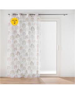 Lot de 2 Voilages à Œillets 140 x 240 cm - Voile Sablé Imprimé Palmea Naturel