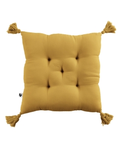 Assise matelassée 5 points avec pompons gaze de coton 40 x 40 cm safran Jaune