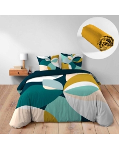 Pack Housse de Couette 260 x 240 cm en Coton + 2 Taies et Drap Housse Curry 160x200 cm