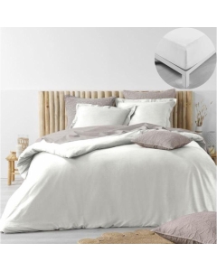 Pack housse de couette 260 x 240 cm coton lavé 57 fils Stonalia Blanc + Drap housse 160x200 Blanc