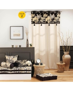 Lot de 2 rideaux Karaba - 140 x 240 cm, Coton Uni avec Top Imprimé et Pompons