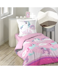 Pack parure de couette enfant 140x200 cm Licorne + drap housse 90x190 Blanc