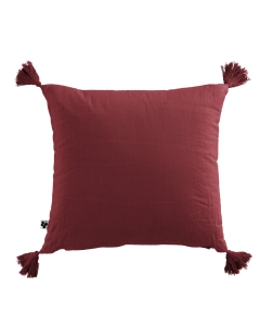 Coussin déhoussable avec pompons gaze de coton 40 x 40 cm gaia lie de vin Bordeaux