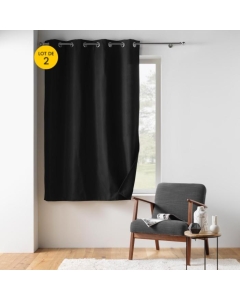 Lot de 2 Rideaux petite hauteur 135 x 180 cm isolant thermique microfibre Micropolar Noir