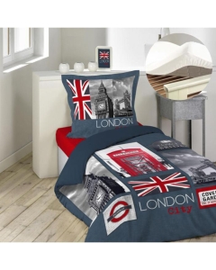 Pack parure de couette enfant 140x200 cm City London + drap housse 90x190 Blanc
