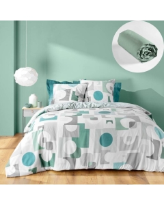 Parure de Lit Geomelo 240 x 220 cm + Drap-Housse 140x190 cm Sauge