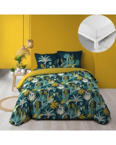 Pack parure de couette 260 x 240 cm Guinea vert + drap housse 160 x 200 x 30 cm Blanc