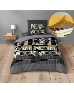 Pack housse de couette enfant 140 x 200 cm Big city + drap housse 90 x 190 Jaune