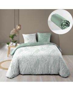 Parure de Lit 240 x 220 cm –  Réversible + Drap Housse Coton 57 fils Cassia Sauge