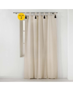 Lot de 2 rideaux tamisant a passants + pompons 140 x 240 cm polycoton Cyrine Beige