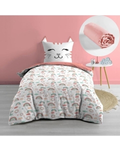 Pack housse de couette enfant 140 x 200 cm Chatchat + drap housse 90 x 190 Rose
