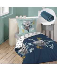 Pack parure de couette enfant 140x200 cm Koala + drap housse 90x190 Bleu