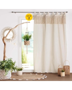 Lot de 2 Rideaux à Passants 140 X 240 Cm Polycoton Uni et Top Macrame, Samaya