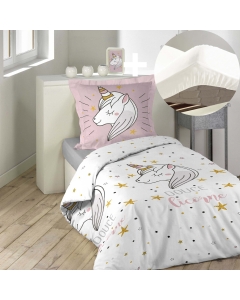 Pack parure de couette enfant 140x200 cm Lilirose + drap housse 90x190 cm Blanc
