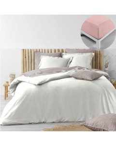 Pack housse de couette 260 x 240 cm coton lavé 57 fils Stonalia Blanc + Drap housse 160x200 Rose
